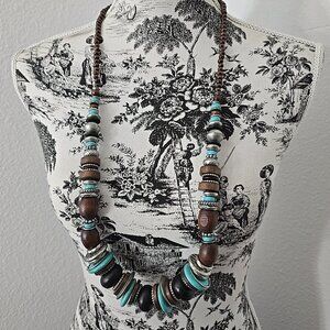 CHICO'S Statement Beaded Necklace in BROWN BLACK WOOD Turquoise Silver Tones....